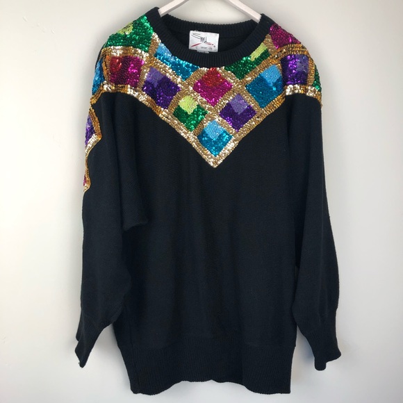 Vintage Sweaters - Vintage Oversized Sequin Sweater Size Large